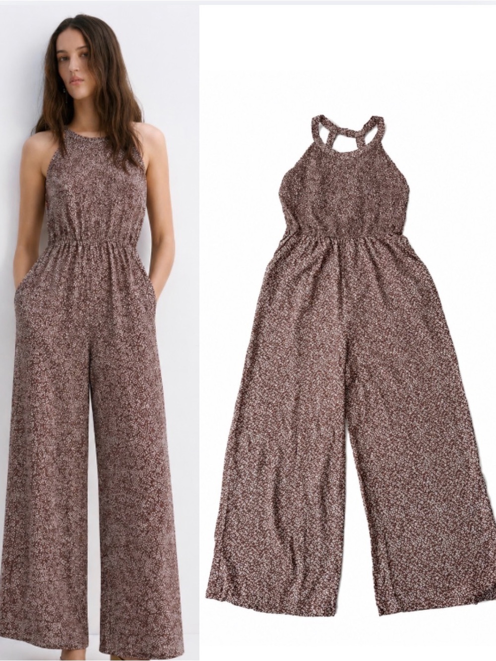Women’s Brown Floral Wide-Leg Jumpsuit